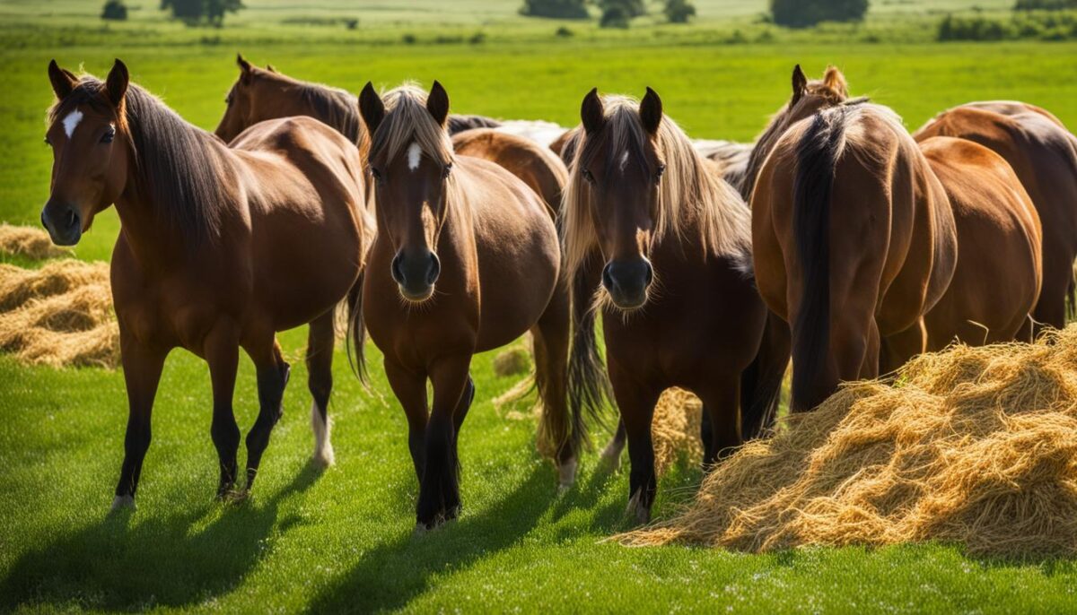 Horses eating alfalfa